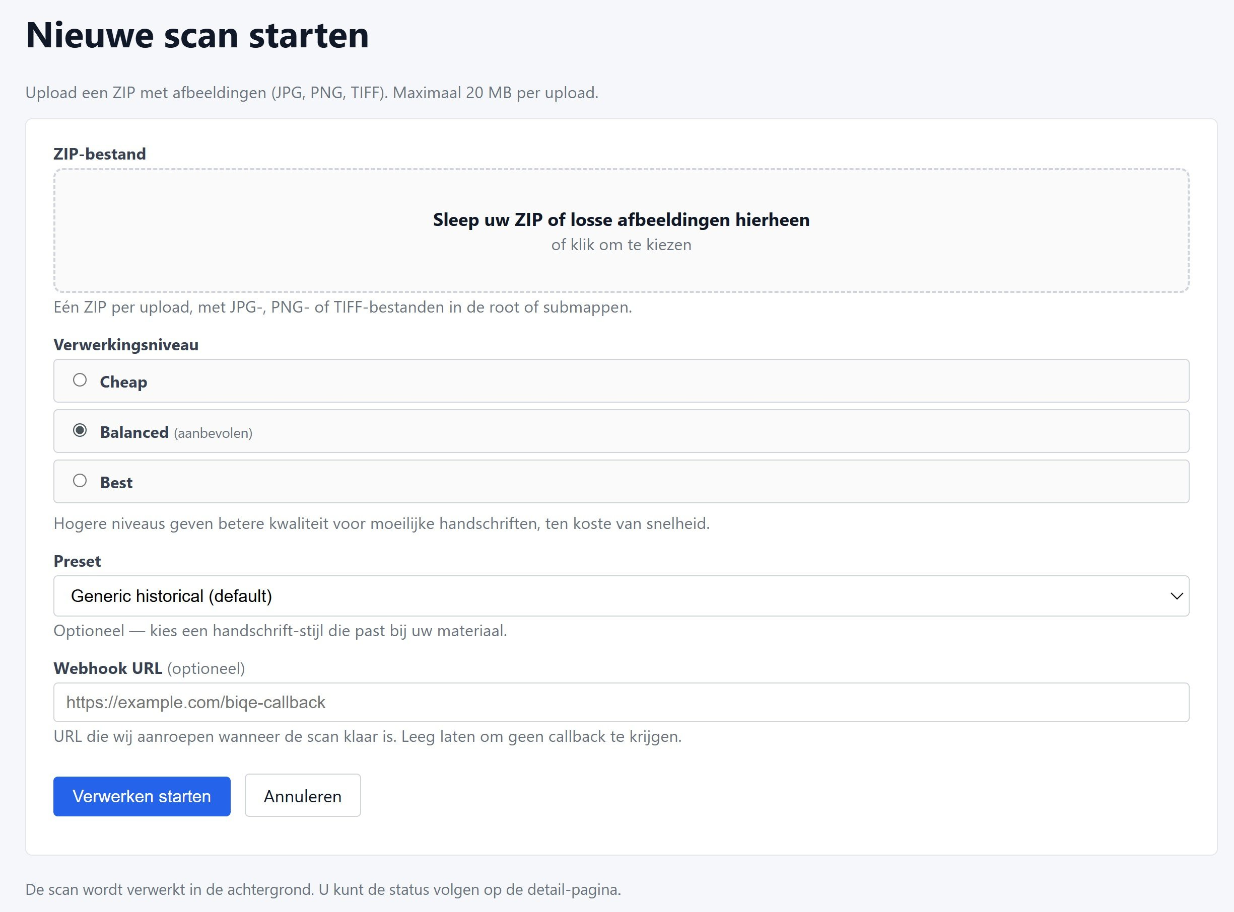 Formulier nieuwe scan
